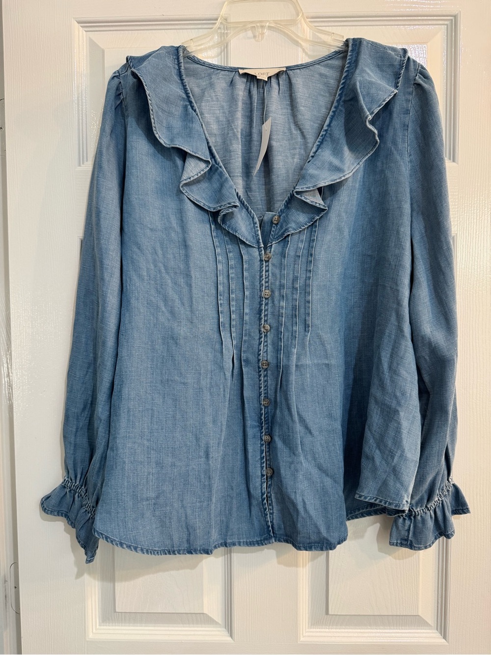 LOFT Chambray Ruffle Collar Button-Down Blouse